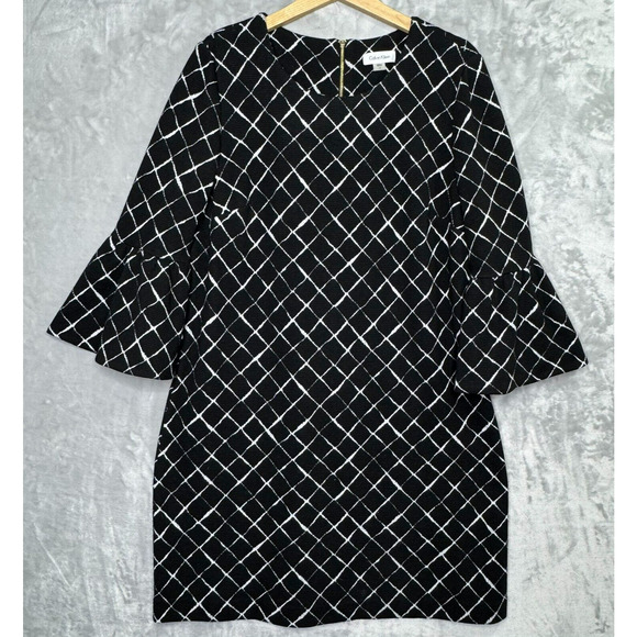 Calvin Klein Dress Womens 14 Black White Plaid Shift 3/4 Bell Sleeve Stretch - Picture 1 of 9